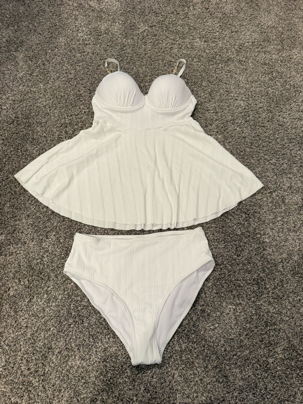 Womens Plus Size 1XL White Ribbed Tankini Swimsuit Shell Pearl Detail High Waist